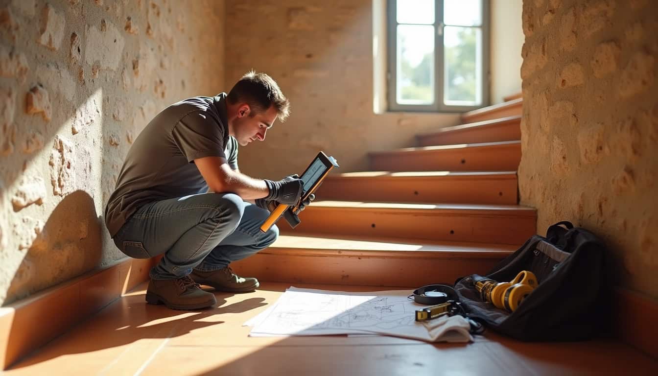 Technicien en train de mesurer un escalier à Ventabren pour l’installation d’un monte-escalier, avec matériel de relevé 3D