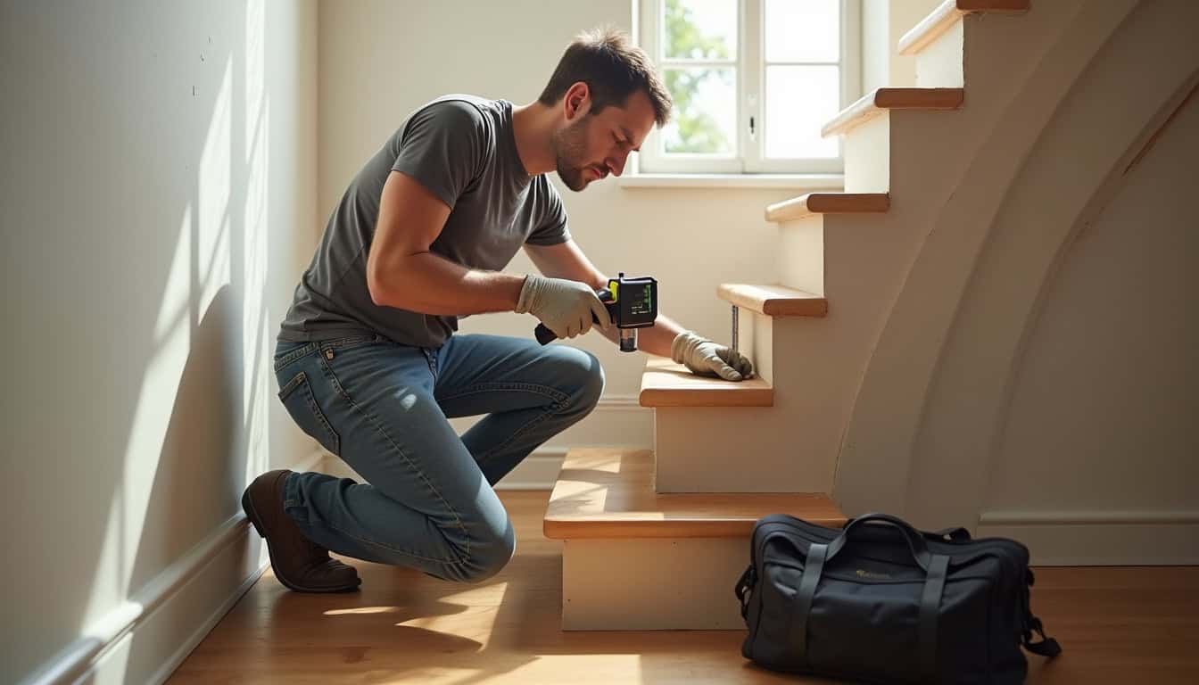 Technicien en train de mesurer un escalier avec un outil numérique avant installation