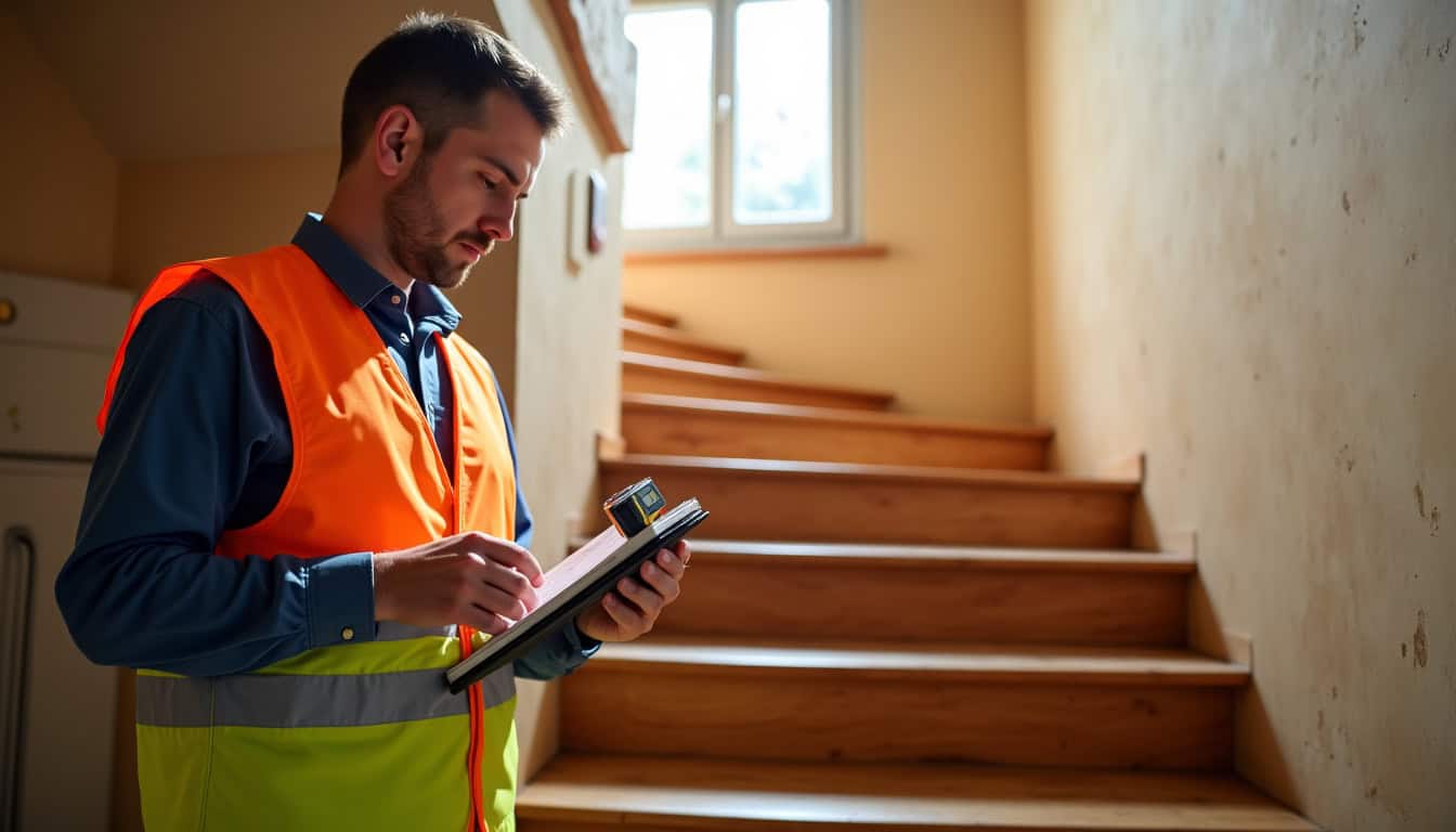 Technicien en train de mesurer un escalier dans une maison à Brest, préparant un devis personnalisé pour un monte-escalier