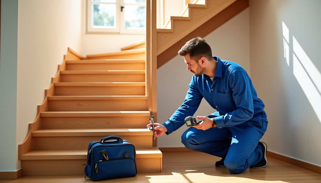 Technicien en train de mesurer un escalier pour installation à Coye-la-Forêt