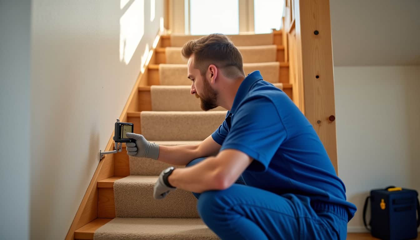 Technicien en train de mesurer un escalier pour installation de monte-escalier à Fougères