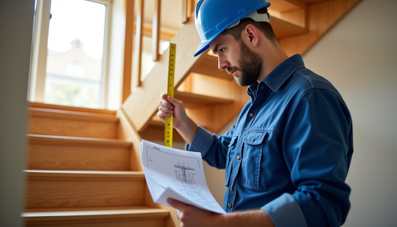 Technicien en train de mesurer un escalier pour installation d’un monte-escalier, avec outils et plan en main