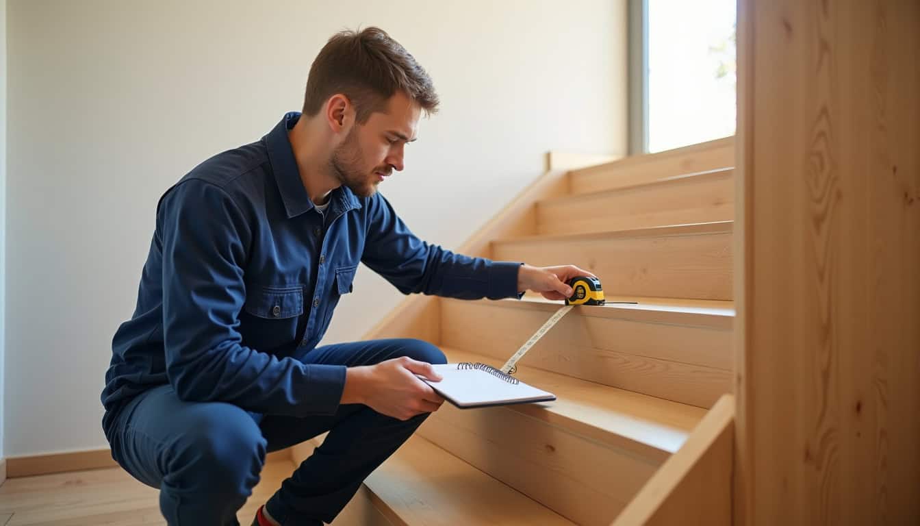 Technicien en train de mesurer un escalier pour installer un monte-escalier à Geudertheim