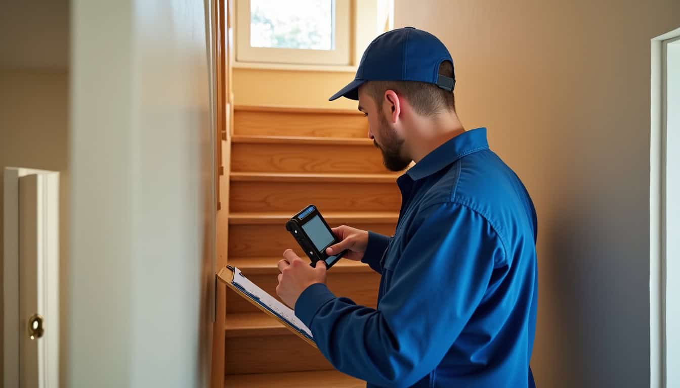 Technicien en train de mesurer un escalier pour installer un monte-escalier à Oloron-Sainte-Marie