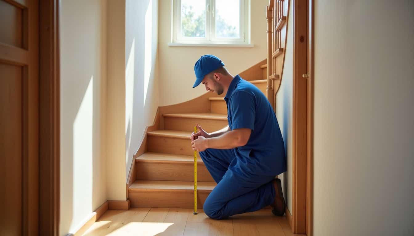 Technicien en train de mesurer un escalier pour l’installation d’un monte-escalier à Dunkerque