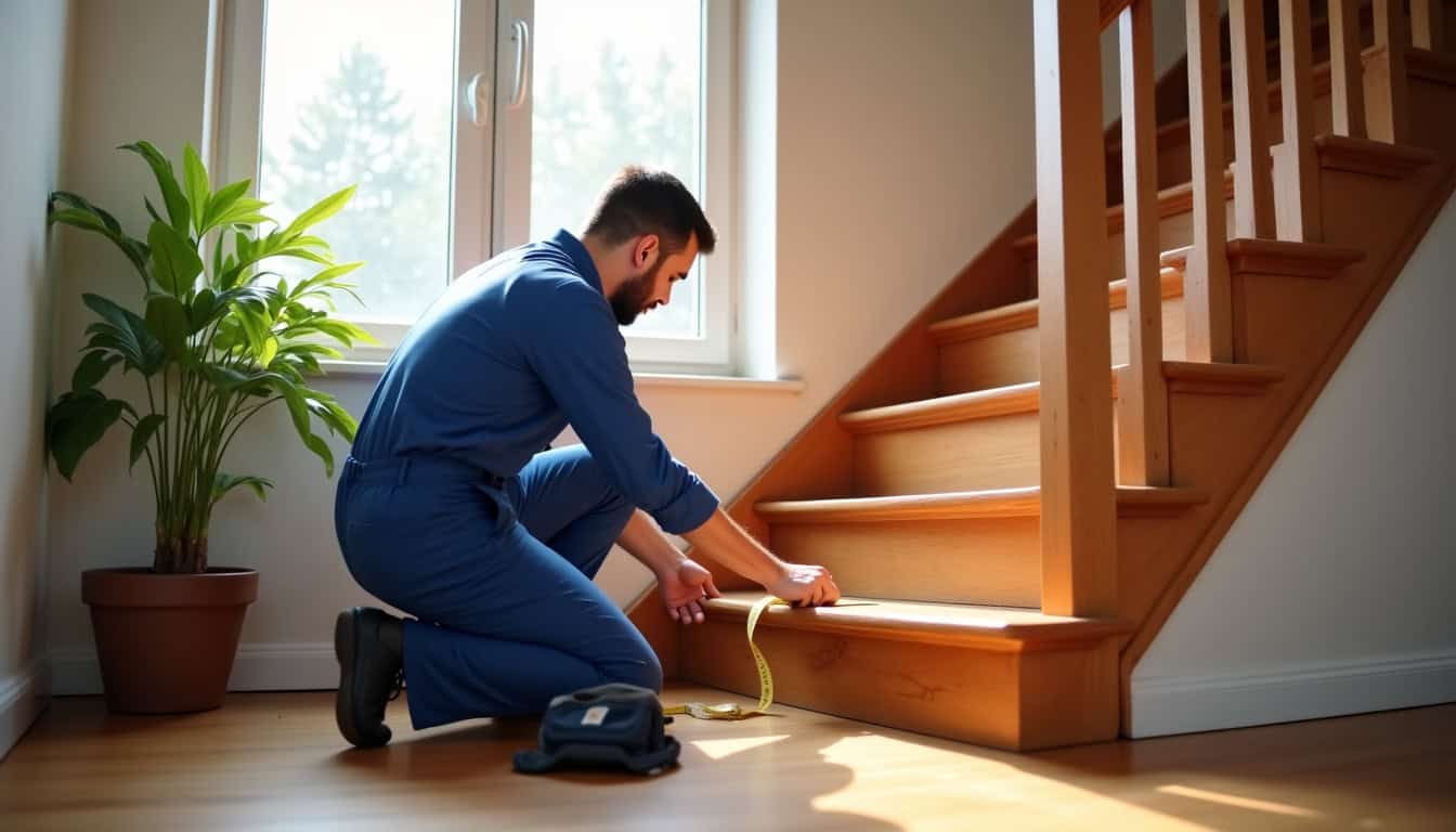 Technicien en train de mesurer un escalier pour l’installation d’un monte-escalier à Joinville