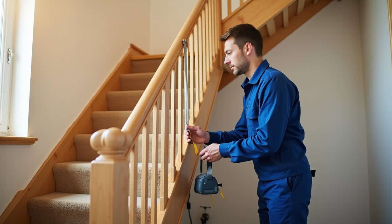 Technicien en train de mesurer un escalier pour l’installation d’un monte-escalier à Lèves