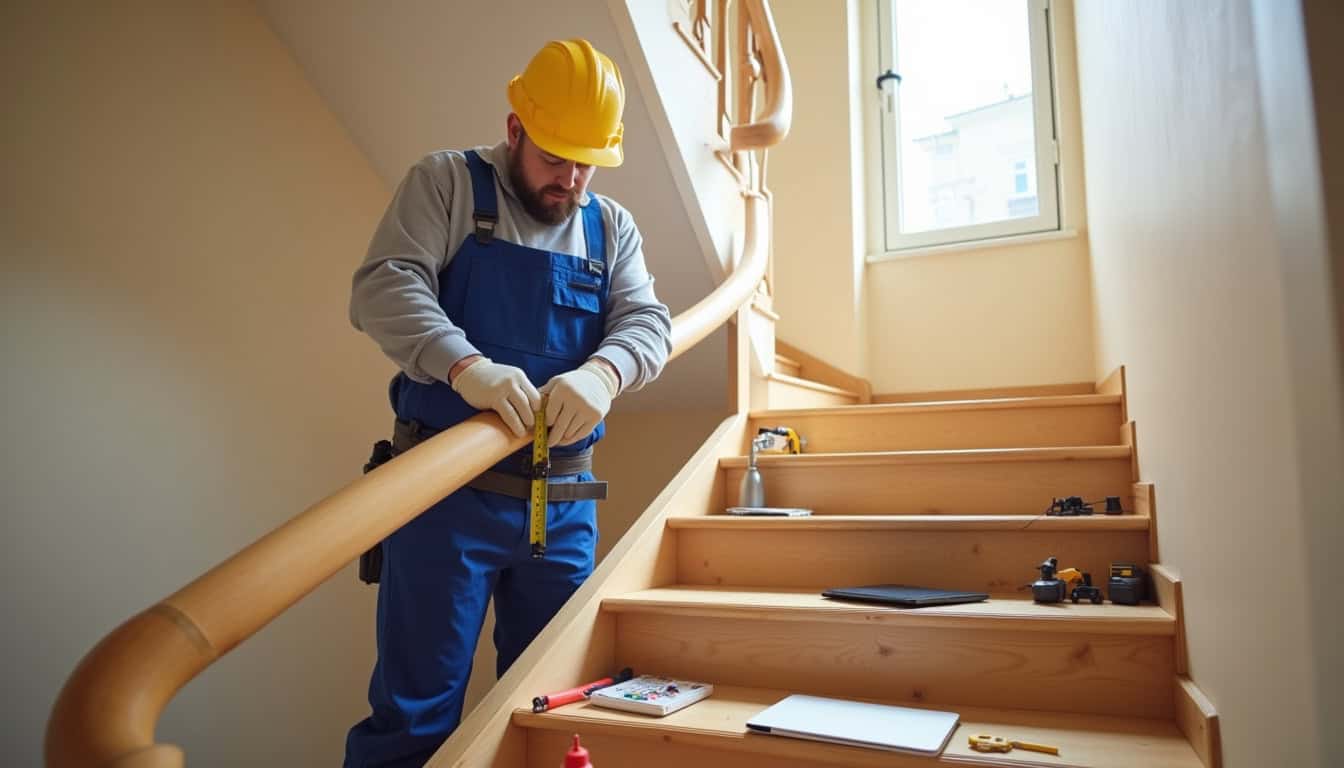 Technicien en train de mesurer un escalier pour l’installation d’un monte-escalier à Oeyreluy