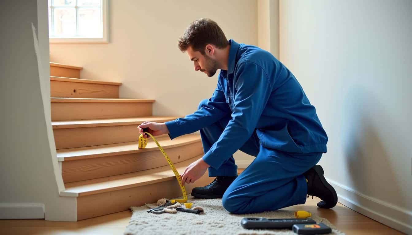 Technicien en train de mesurer un escalier pour l’installation d’un monte-escalier à Pertuis