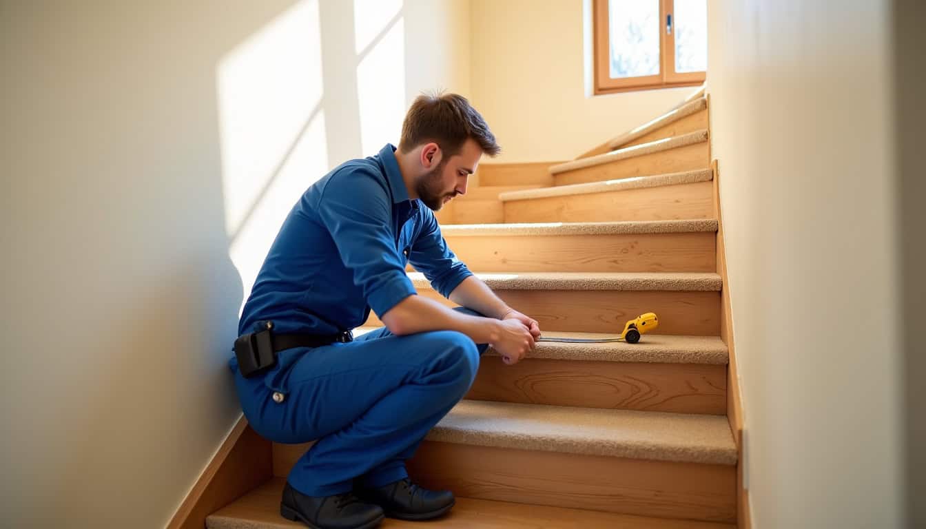 Technicien en train de mesurer un escalier pour l’installation d’un monte-escalier à Sainghin-en-Mélantois