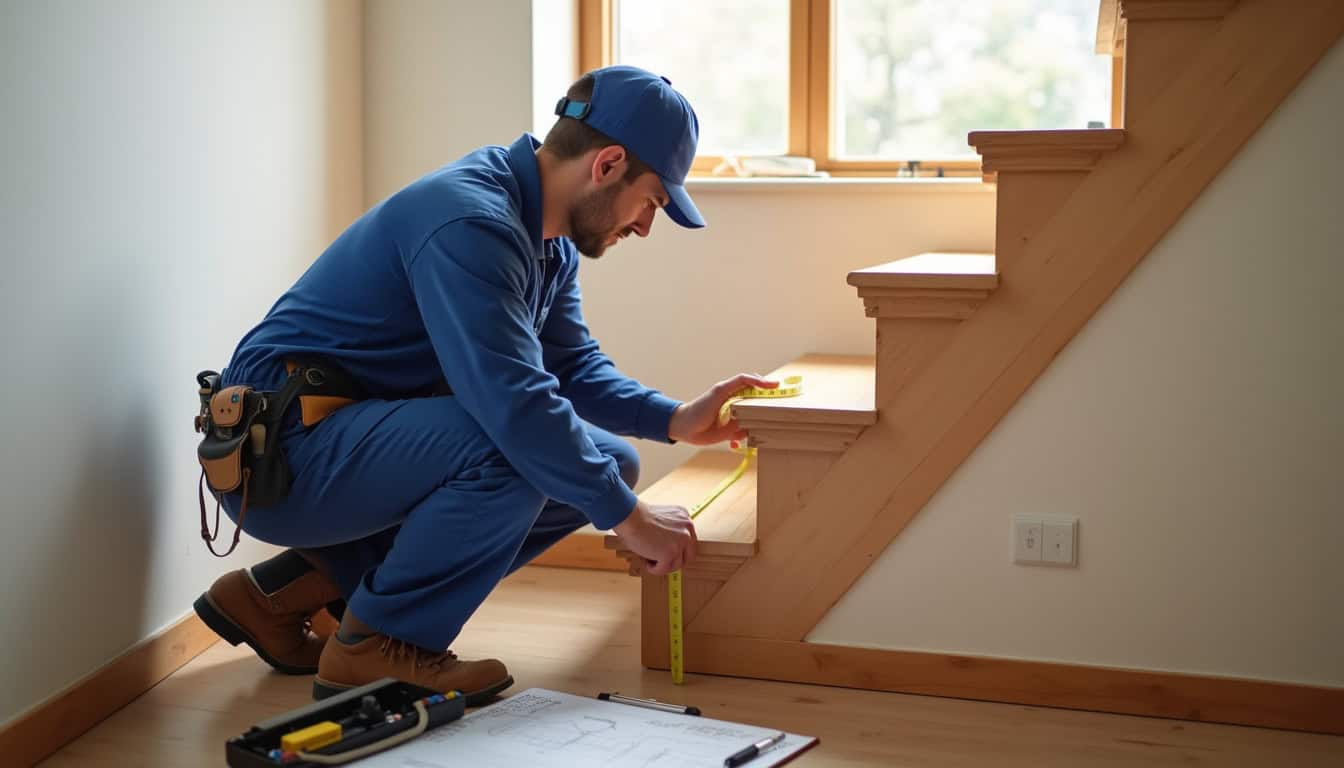 Technicien en train de mesurer un escalier pour l’installation d’un monte-escalier
