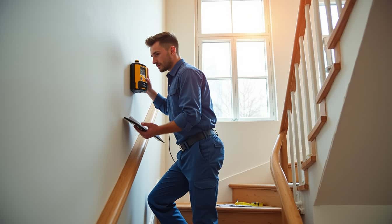 Technicien en train de mesurer un escalier pour l’installation d’un monte-escalier