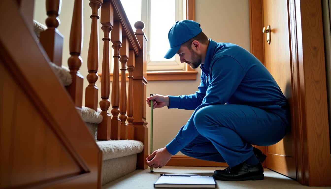 Technicien en train de mesurer un escalier pour un devis d
