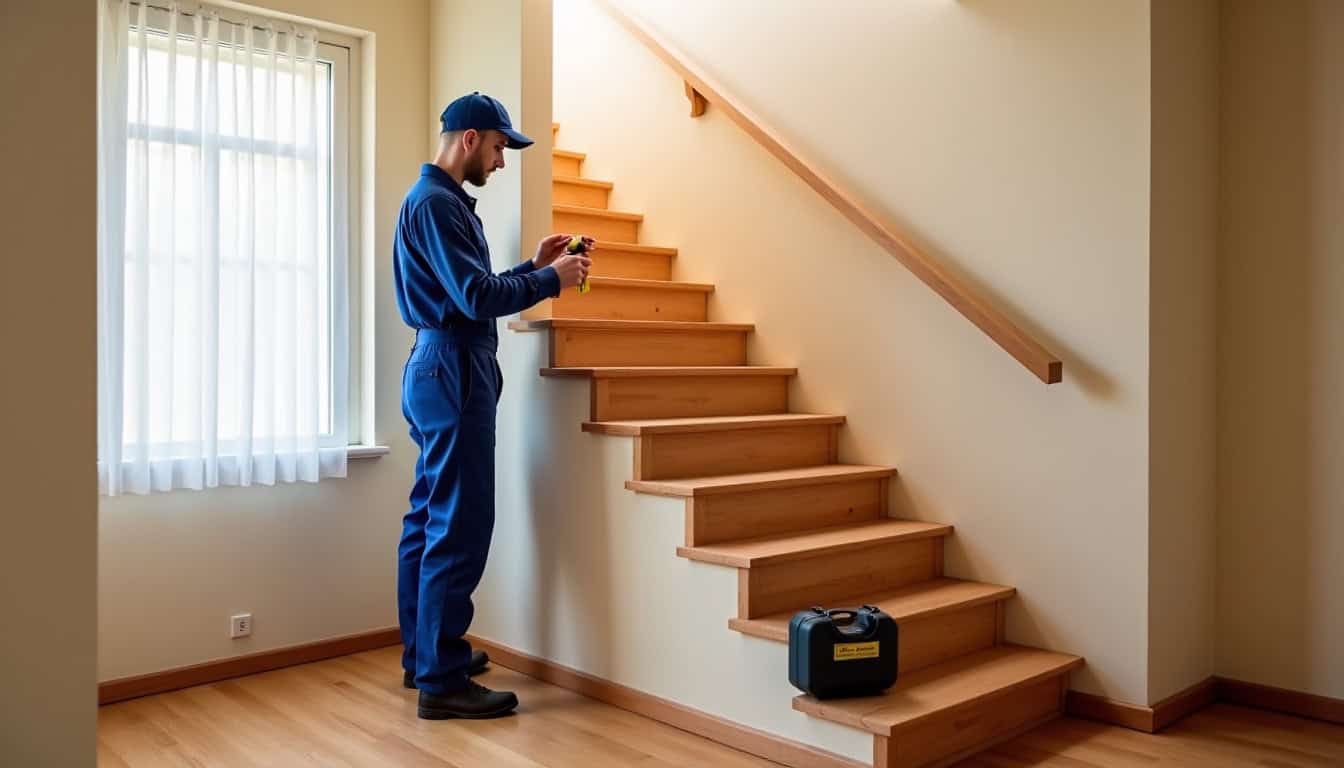 Technicien en train de mesurer un escalier pour un devis de monte-escalier à Bécon-les-Granits