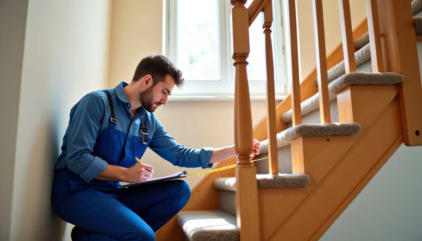 Technicien en train de mesurer un escalier pour un devis de monte-escalier à Sainte-Croix-en-Plaine