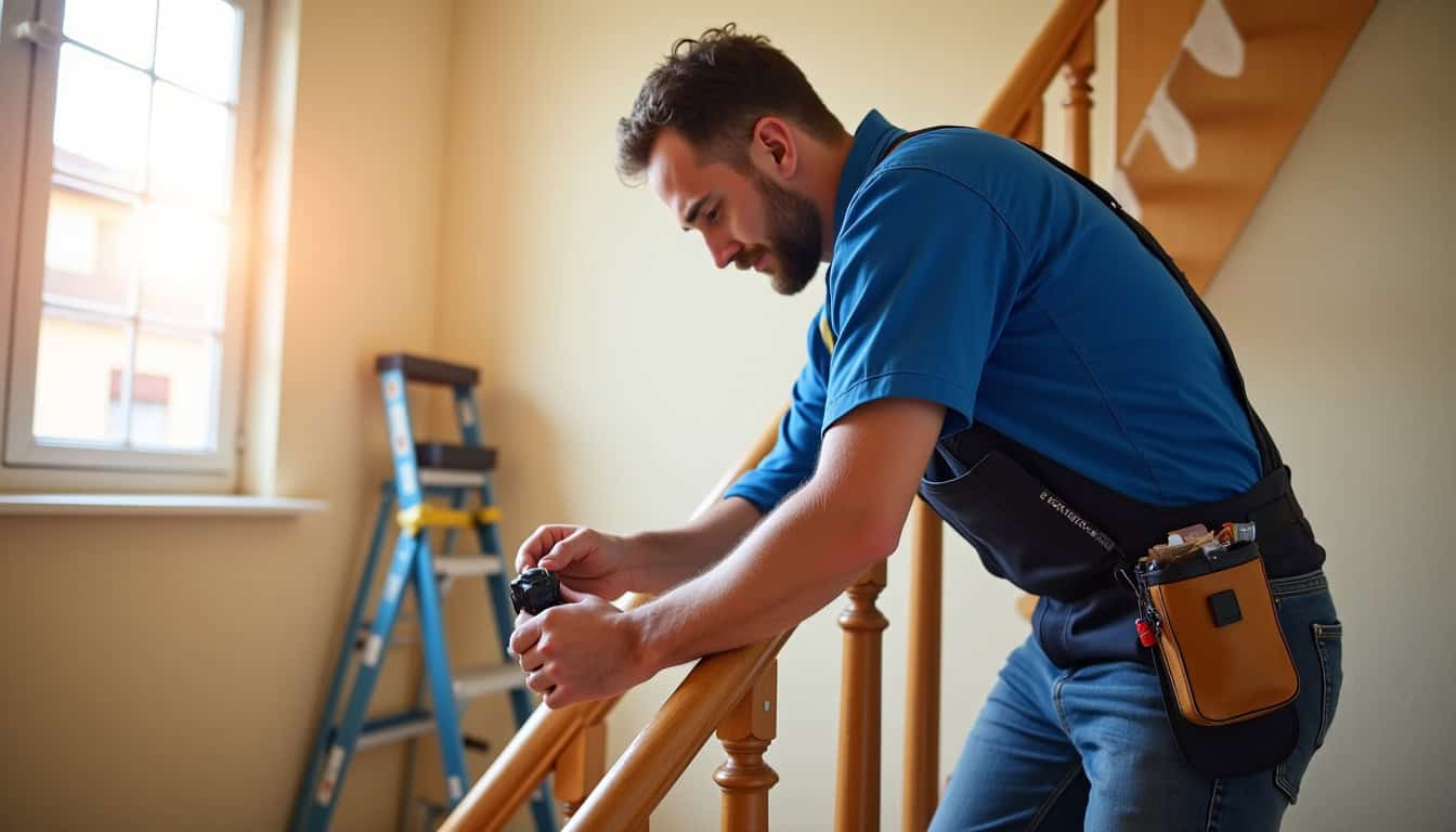 Technicien en train de mesurer un escalier pour un devis monte-escalier à Saint-Malo