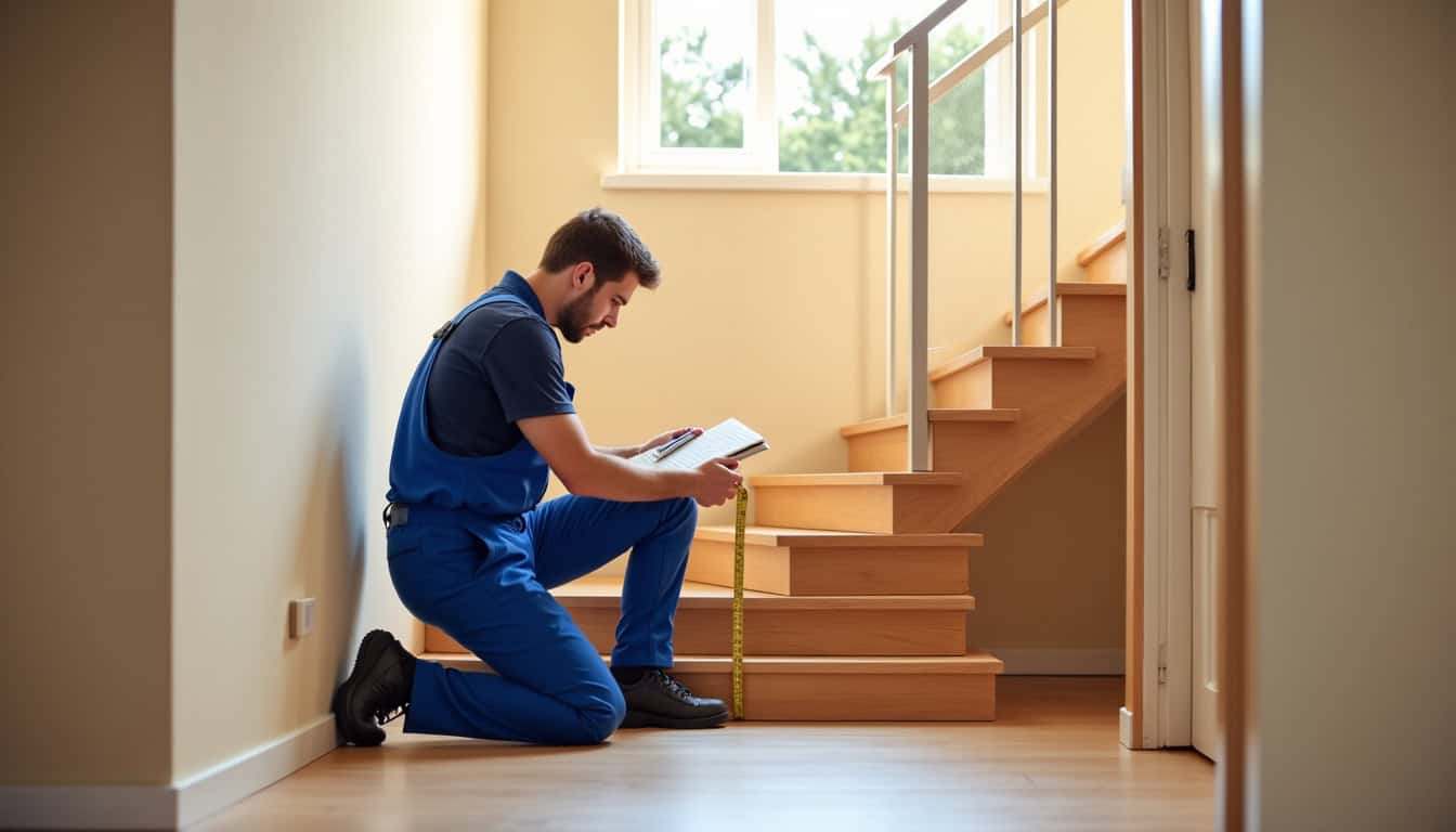 Technicien en train de mesurer un escalier pour un devis personnalisé à Santeny