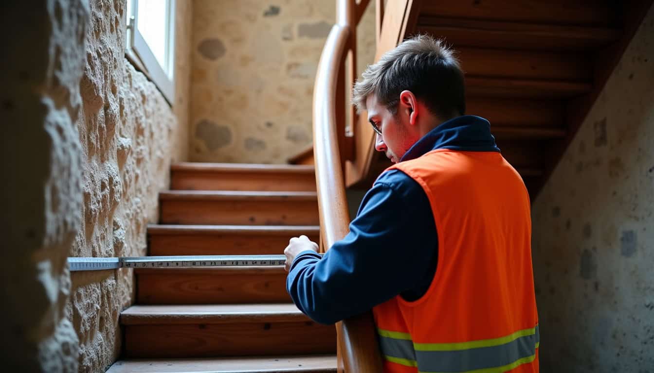 Technicien en train de mesurer un escalier pour une installation à Rosières-en-Santerre