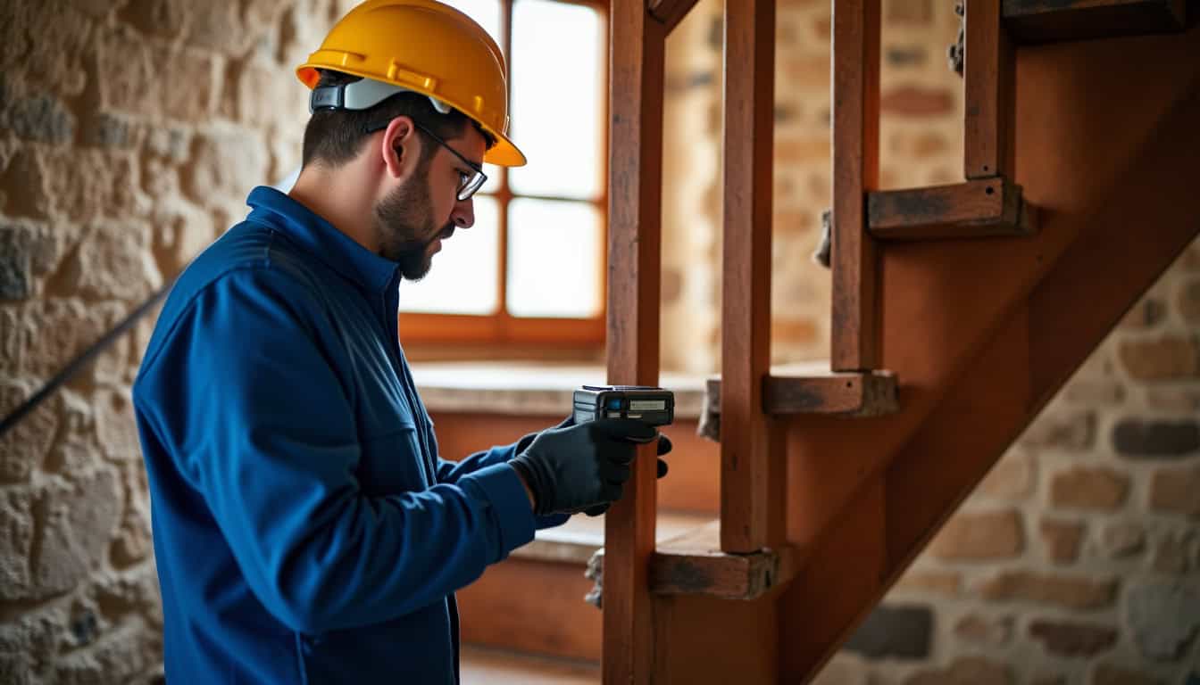 Technicien en train de mesurer un escalier pour une installation à Tourouvre au Perche