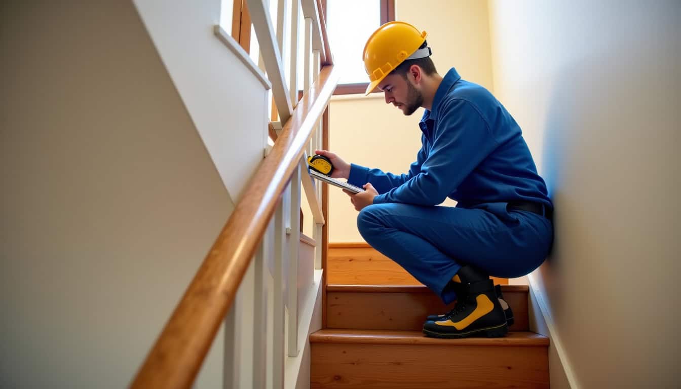 Technicien en train de mesurer un escalier pour une installation de monte-escalier à Argentan