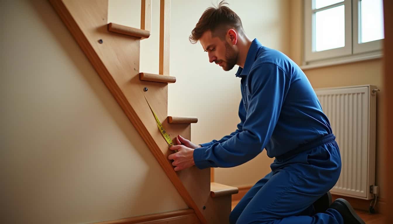 Technicien en train de mesurer un escalier pour une installation de monte-escalier à Lorgies