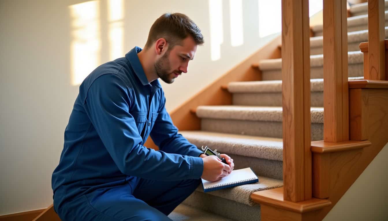 Technicien en train de mesurer un escalier pour une installation de monte-escalier à Rimogne