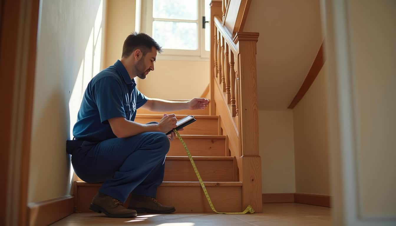 Technicien en train de mesurer un escalier pour une installation sur mesure à Coux