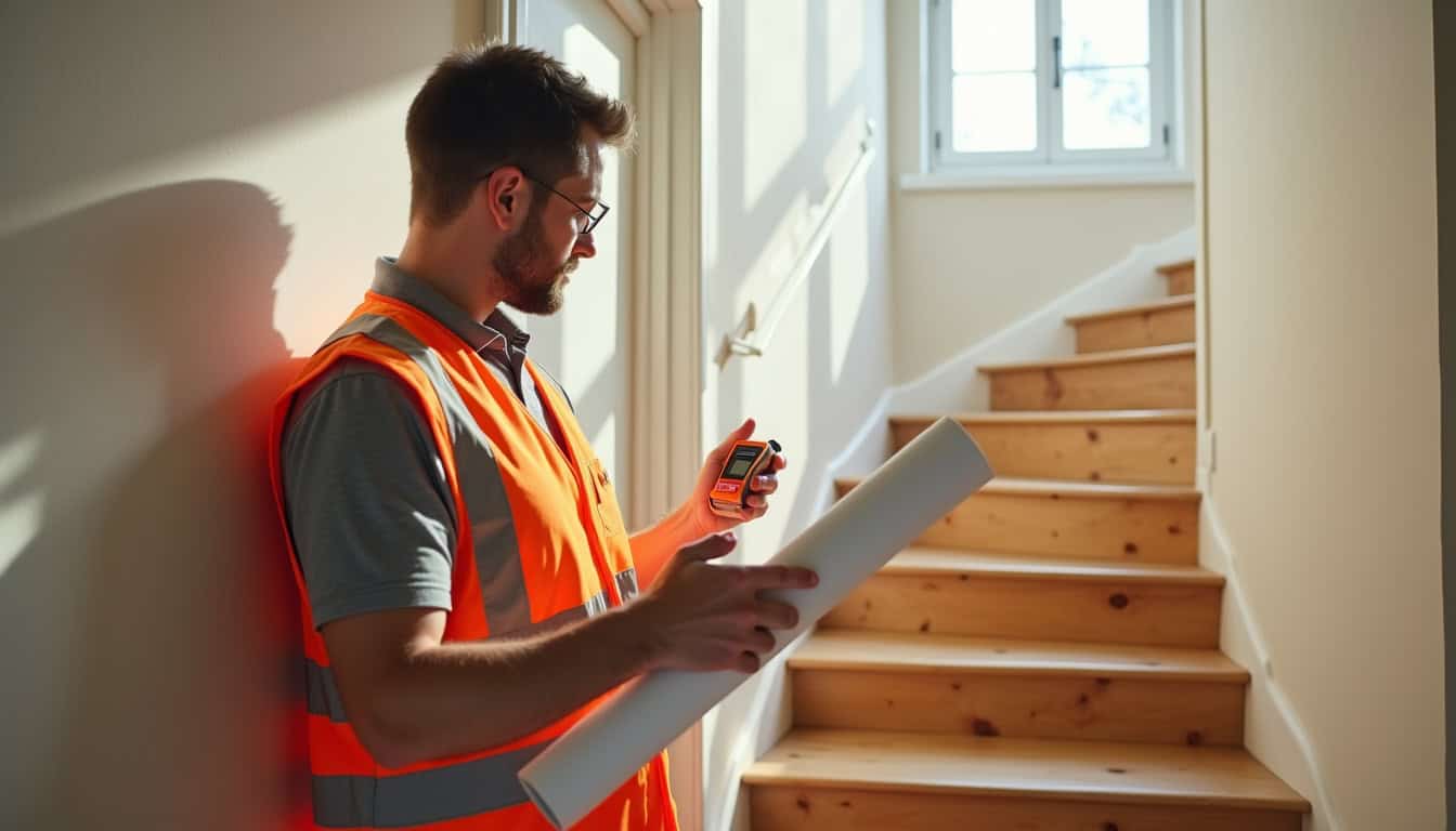 Technicien en train de mesurer un escalier pour une installation sur mesure à Poilly-lez-gien, avec un plan et un mètre laser