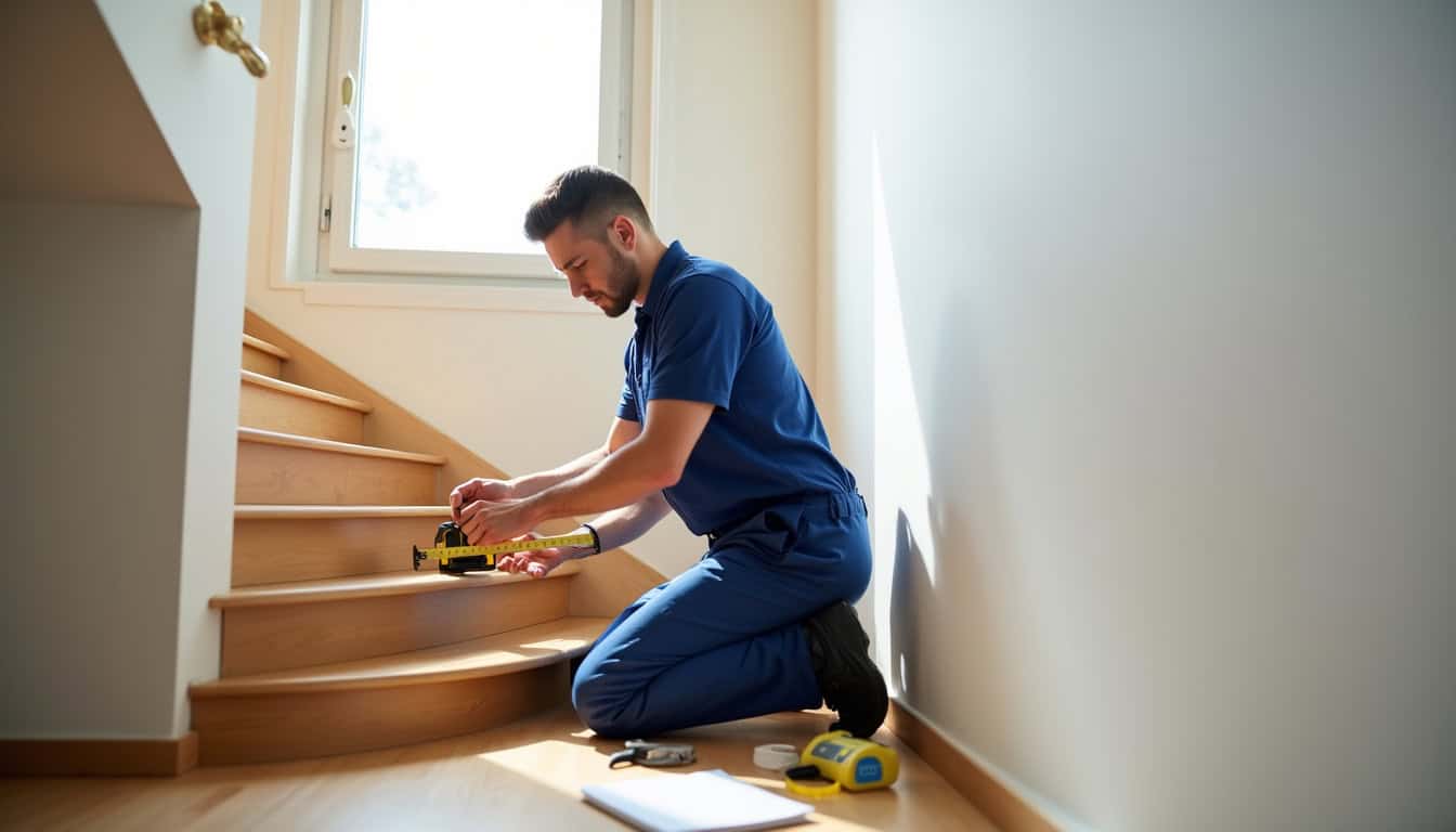 Technicien en train de mesurer un escalier pour une installation sur mesure à Saint-Just-le-Martel