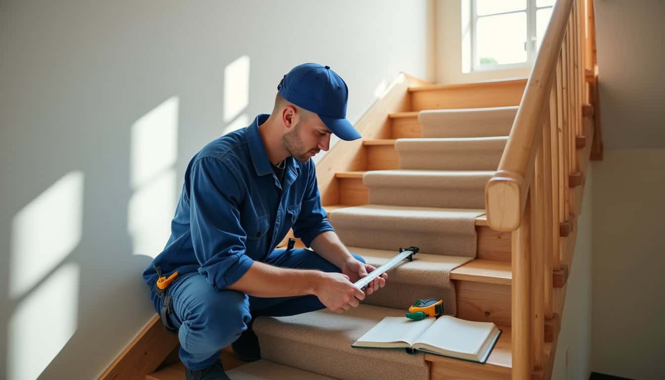 Technicien en train de mesurer un escalier pour une installation sur-mesure à Sireuil