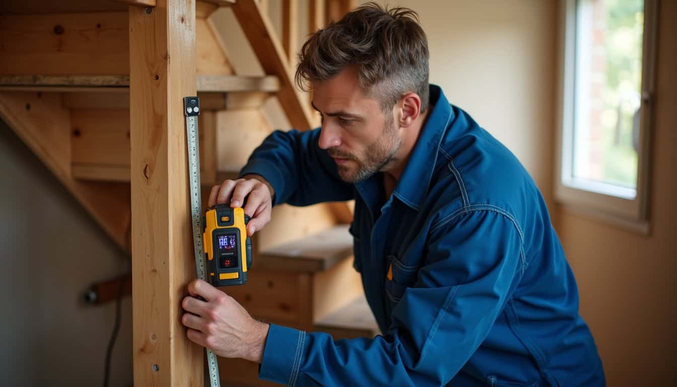 Technicien en train de mesurer un escalier pour une installation sur mesure