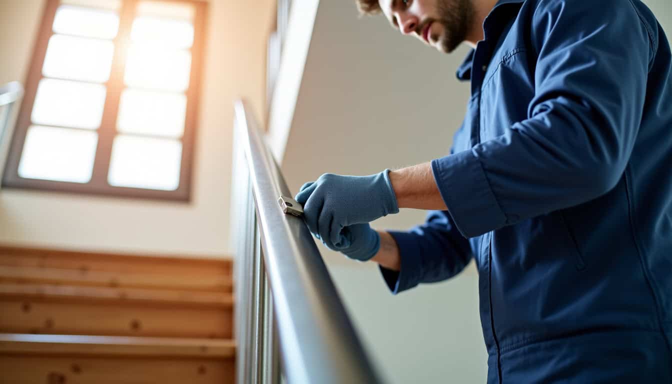 Technicien en train de mesurer un rail de monte-escalier à Les Achards