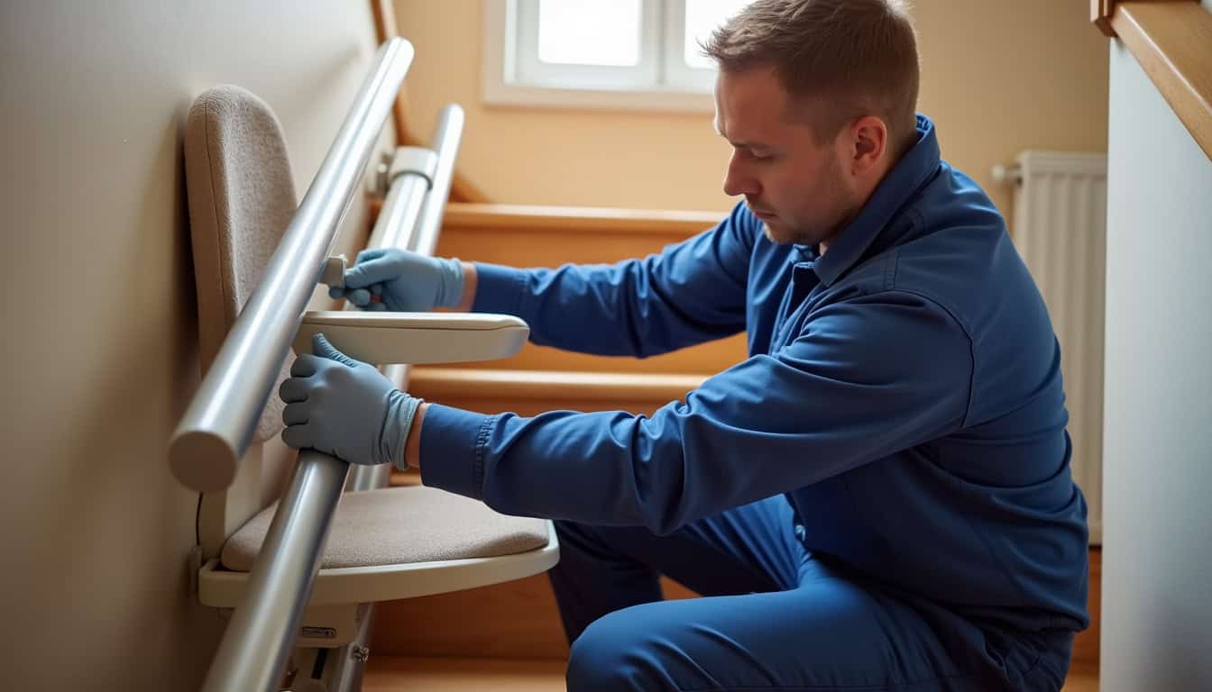 Technicien en train de poser un monte-escalier à Ergersheim