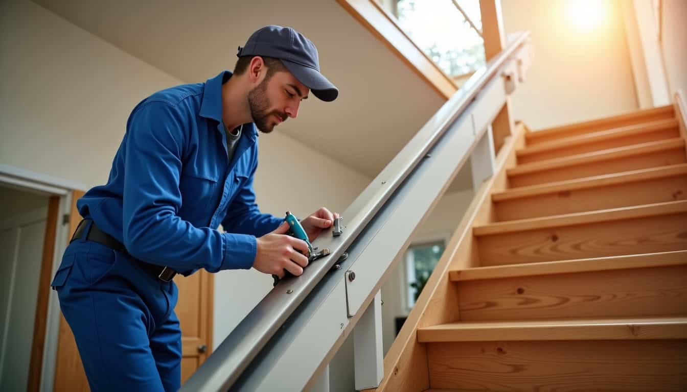 Technicien en train de poser un monte-escalier à Yvetot, mesures prises, rail fixé sur les marches en bois