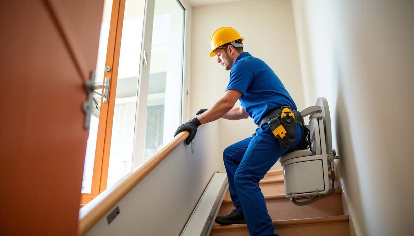 Technicien en train de poser un monte-escalier dans une habitation à Antibes
