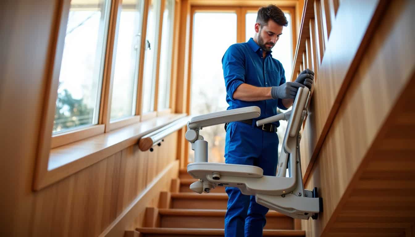 Technicien en train de poser un monte-escalier dans une maison à Chaponost