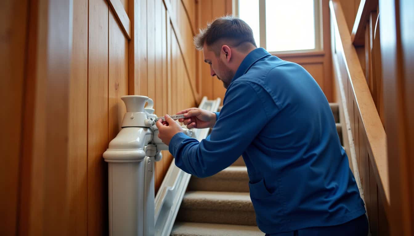 Technicien en train de poser un monte-escalier dans une maison à Mably, vérification du rail et du siège