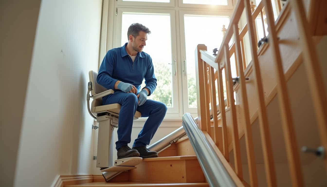 Technicien en train de poser un monte-escalier dans une maison à Puimisson