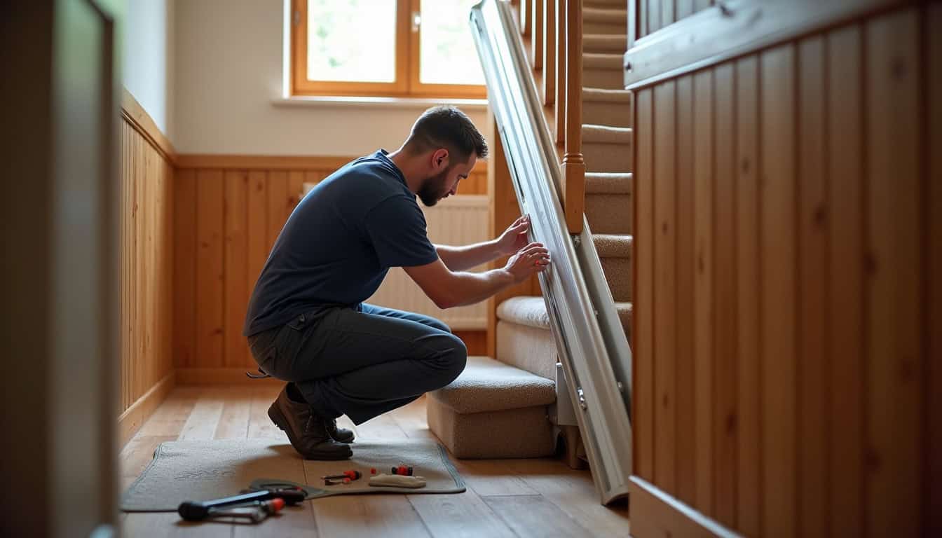 Technicien en train de poser un monte-escalier dans une maison de Morteau, avec matériel professionnel