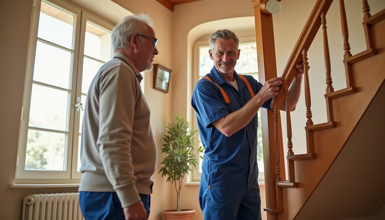 Technicien en train de prendre des mesures dans une maison à Saint-Xandre, en présence du propriétaire
