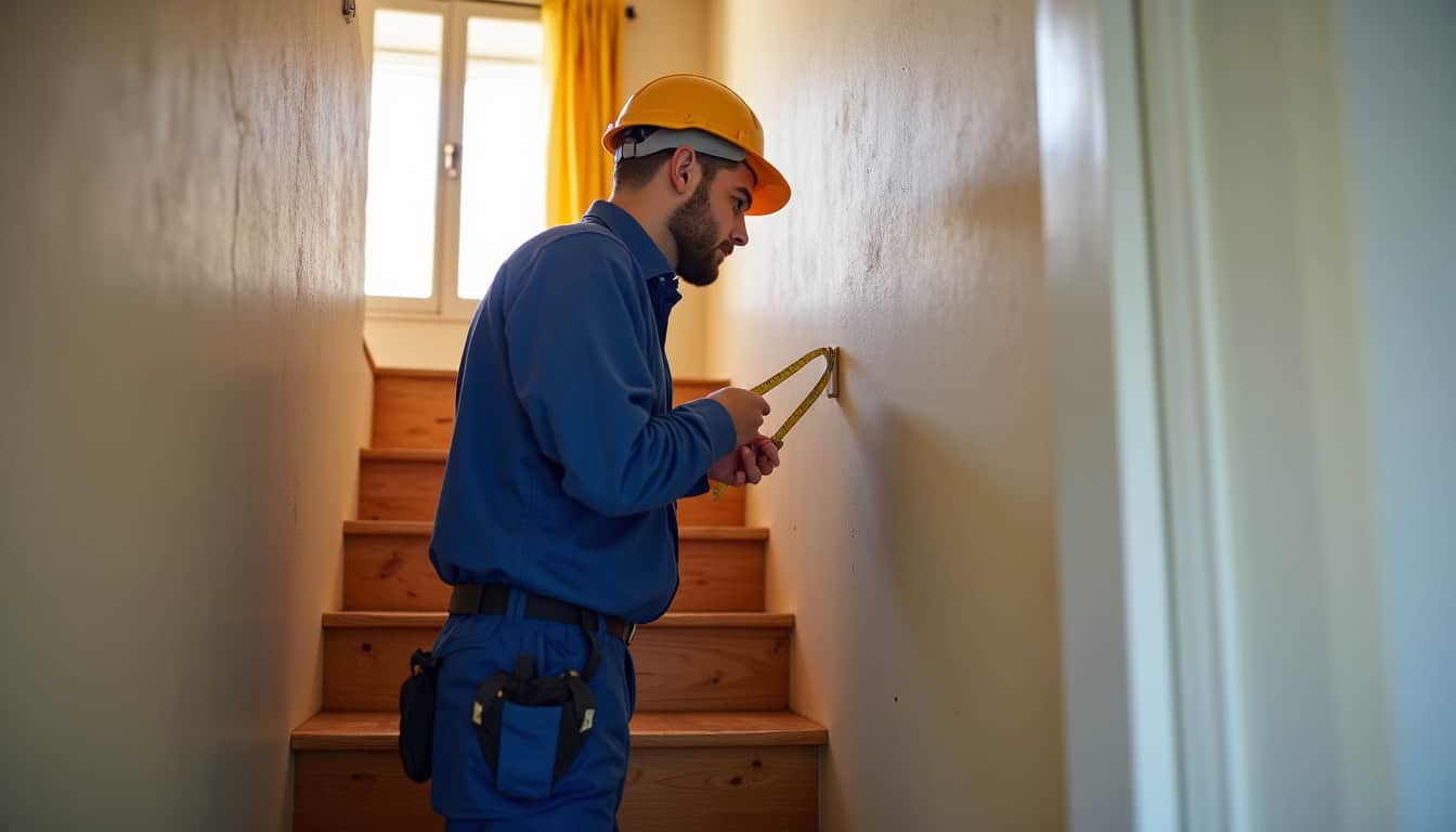Technicien en train de prendre des mesures pour un devis de monte-escalier à Moulins-en-Bessin