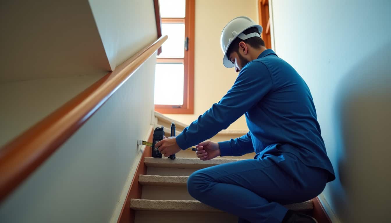 Technicien en train de prendre des mesures précises sur un escalier avant installation d