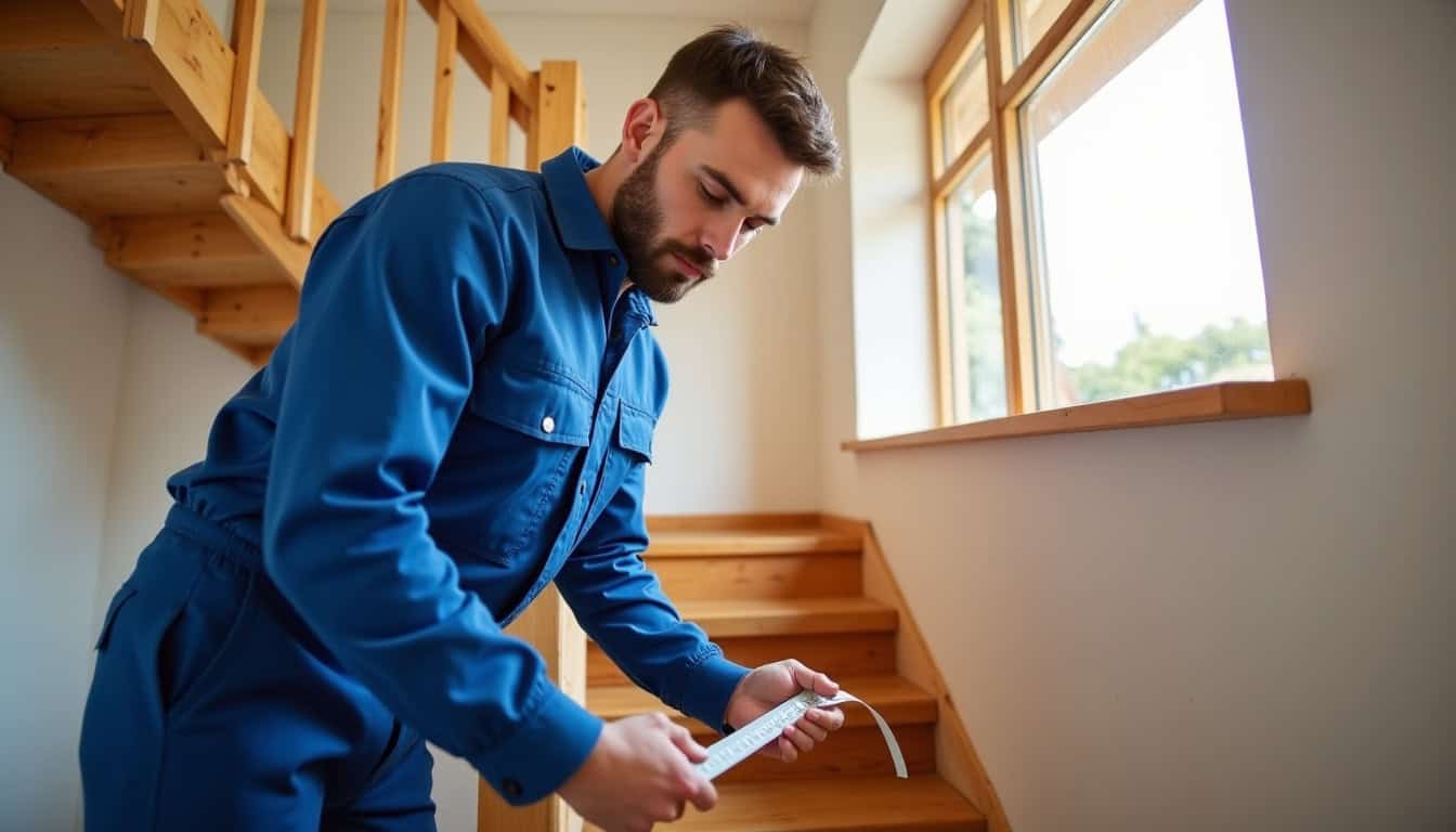 Technicien en train de prendre des mesures sur un escalier intérieur à Poix-du-Nord pour un diagnostic de monte-escalier