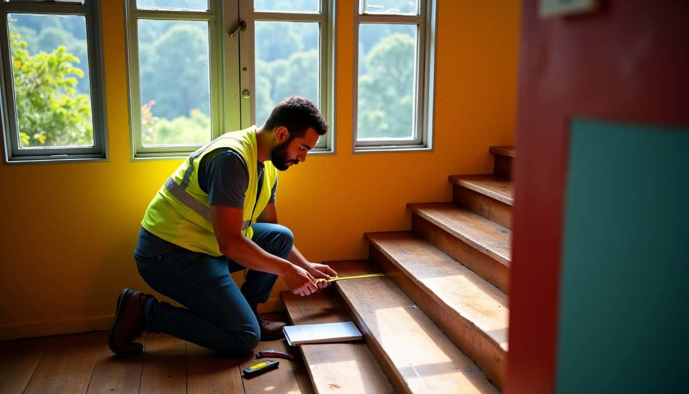 Technicien en train de prendre les mesures d’un escalier à Le Morne-Rouge pour un devis personnalisé