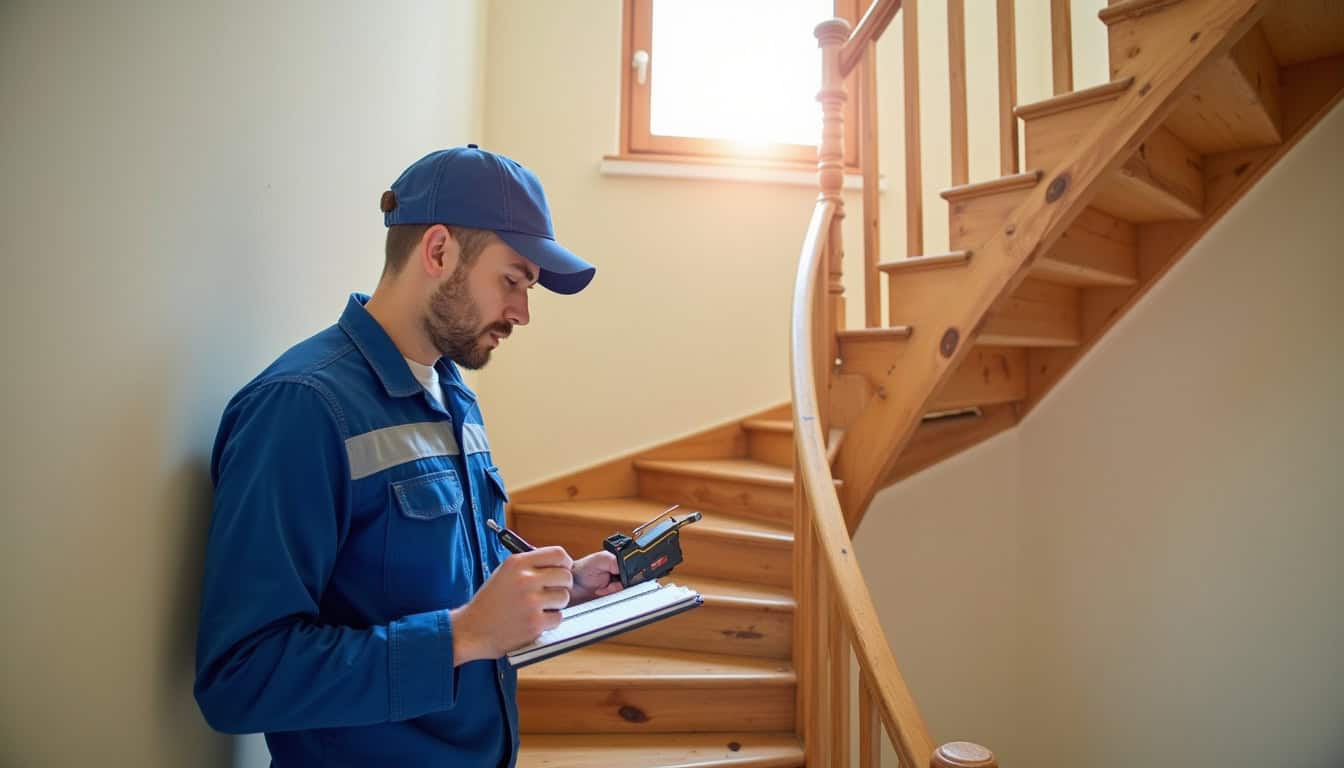 Technicien en train de prendre les mesures d’un escalier à Saint-Antoine-la-Forêt pour une installation sur mesure