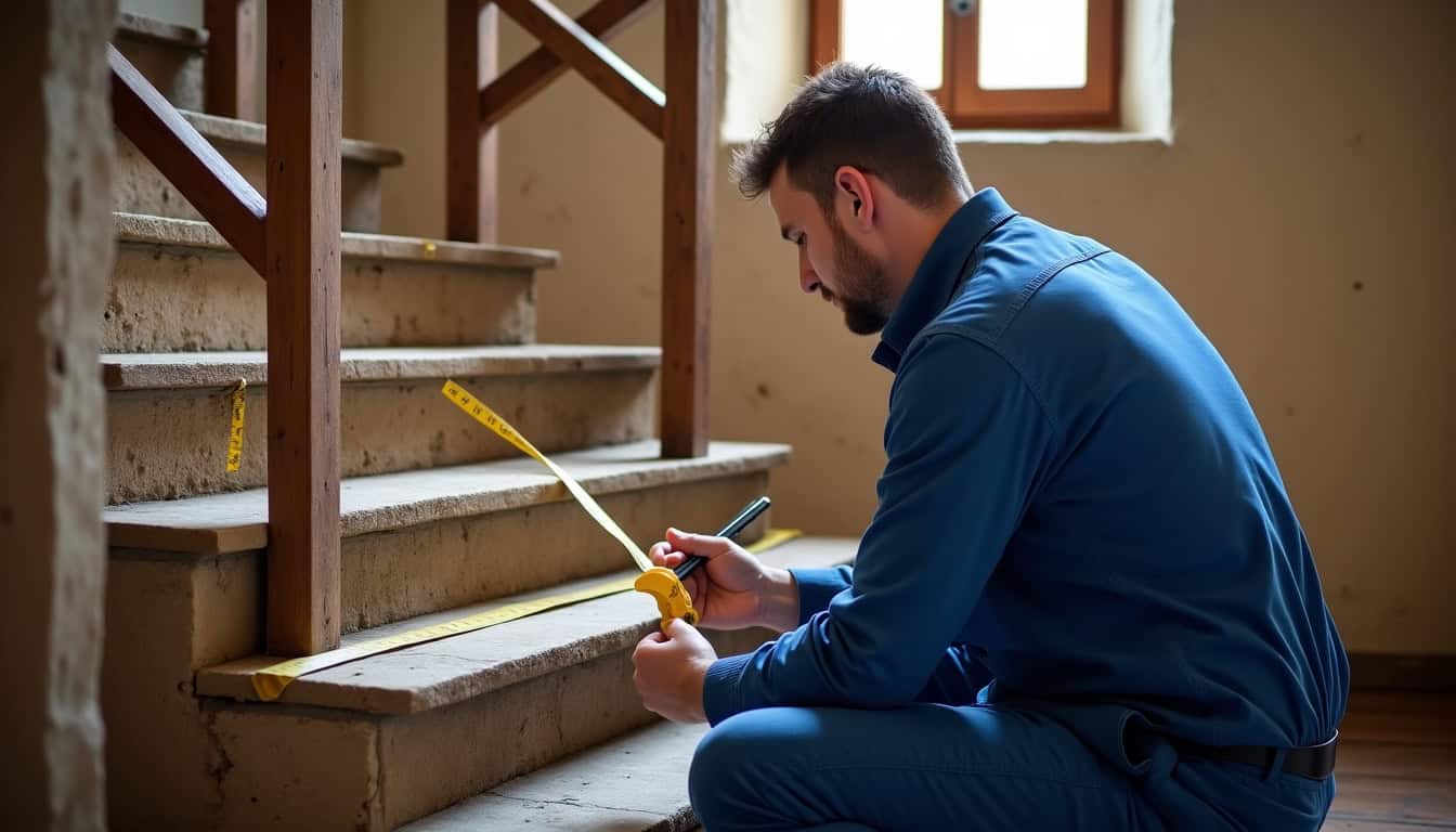 Technicien en train de prendre les mesures d’un escalier à Yssingeaux pour un devis