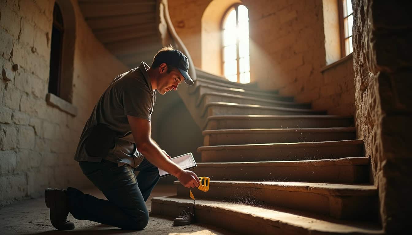 Technicien en train de prendre les mesures d’un escalier en colimaçon dans une maison ancienne