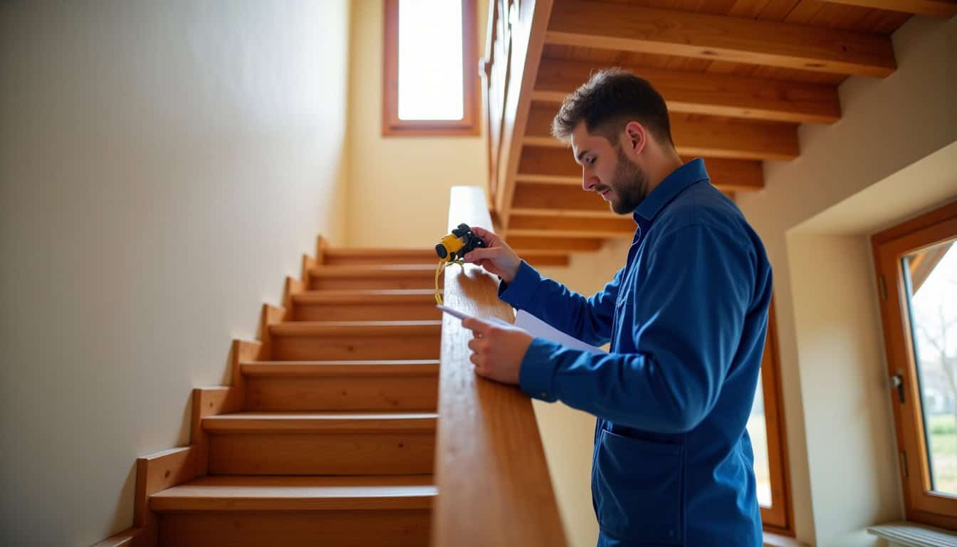 Technicien en train de prendre les mesures d’un escalier lors d’un diagnostic à Obernai