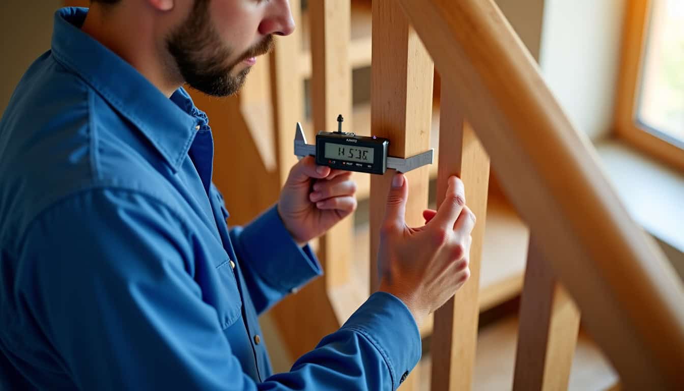 Technicien en train de prendre les mesures d’un escalier pour l’installation d’un monte-escalier
