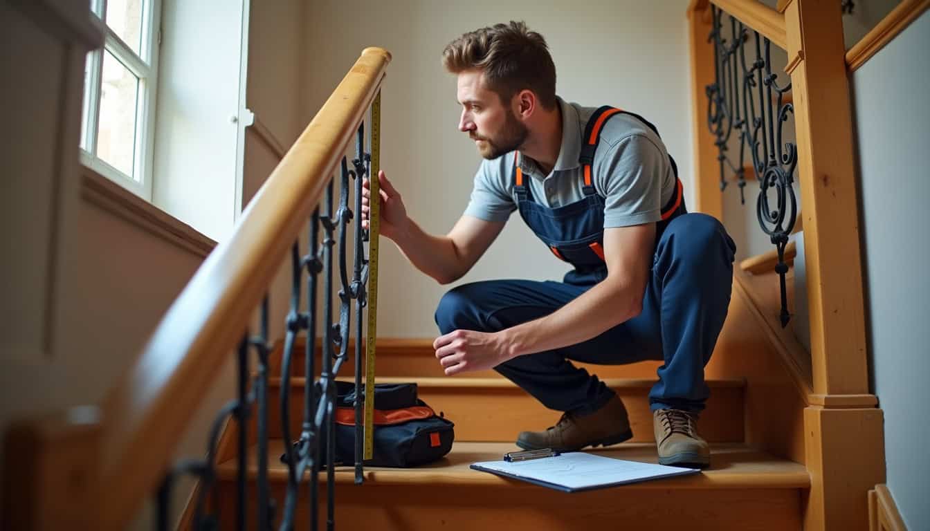 Technicien en train de prendre les mesures d’un escalier pour l’installation d’un monte-escalier